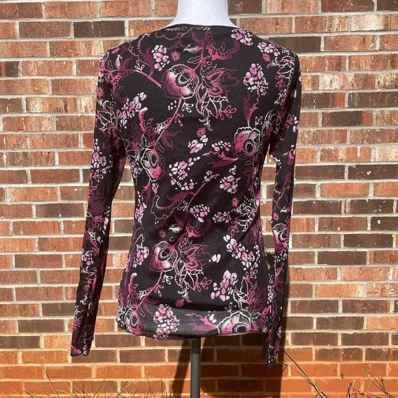 Y2K Wrapper Micro Mesh Fairy Black Pink Flower Long Sleeve Top - Picture 6 of 8